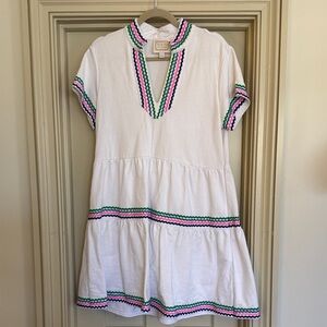 Sail to Sable White Dress with Pink, Green and Blue Ric Rac Trim.